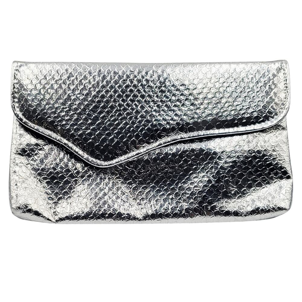 Vintage Silver Foldover Flap Faux Snake Print Clutch Shoulder Bag Snap Closure